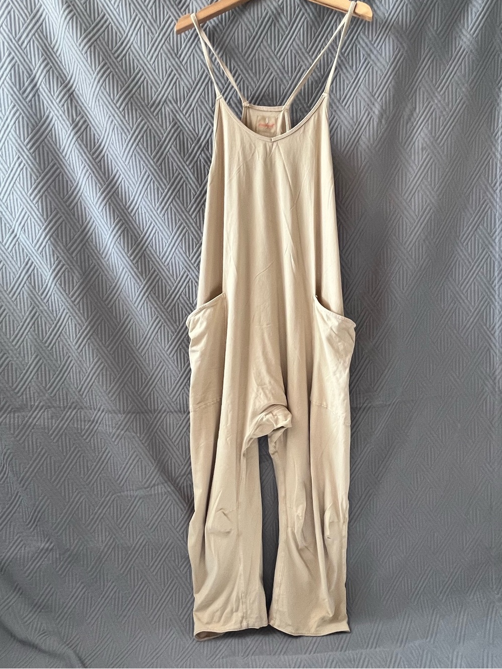 Free People Light Beige Relaxed-Strap Jumpsuit with Pockets